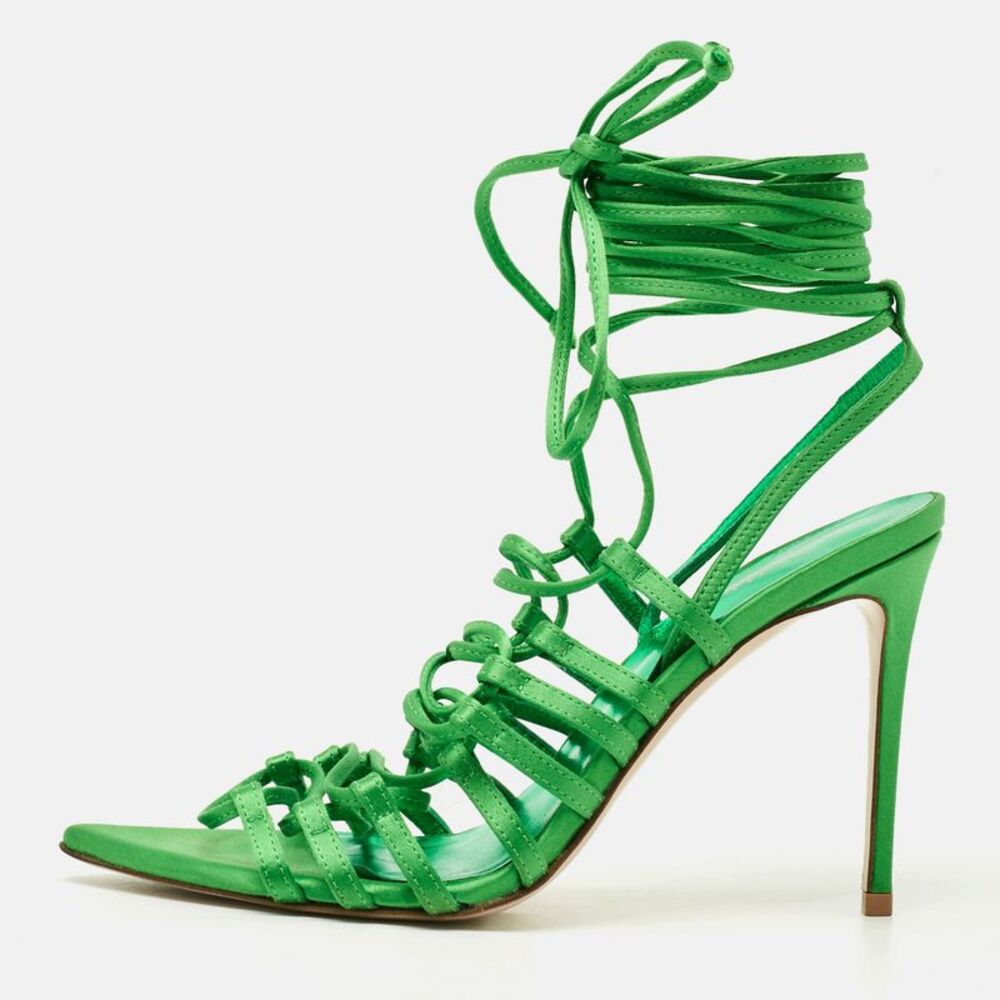 Le Silla Size 36.5 Green Satin Ankle Wrap Sandals